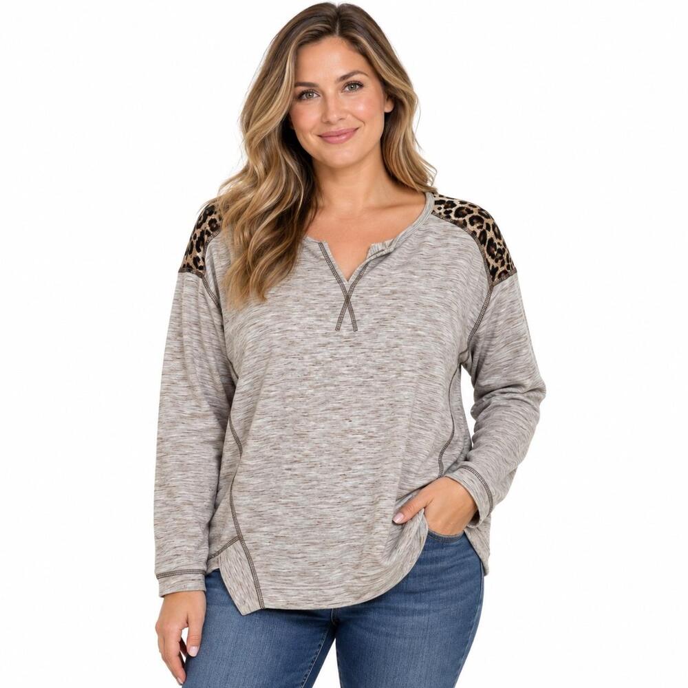 Tru Luxe Jeans Tunic Blouse Womens Large Beige Leopard V Neck Long Sleeve Top